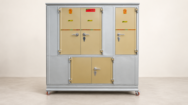 Silver and beige custom steel almirah with three upper doors and two lower storage doors