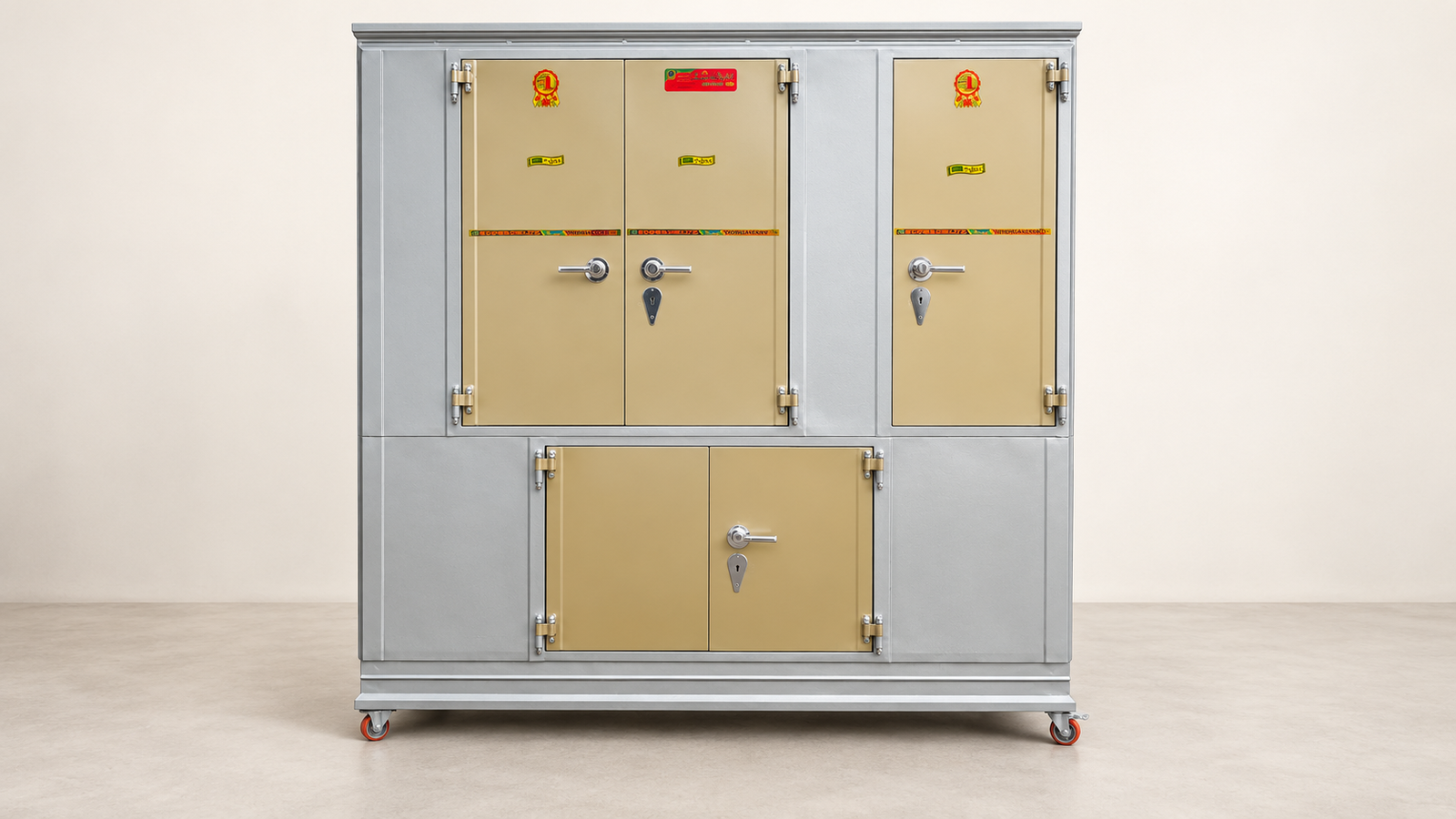 Silver and beige custom steel almirah with three upper doors and two lower storage doors